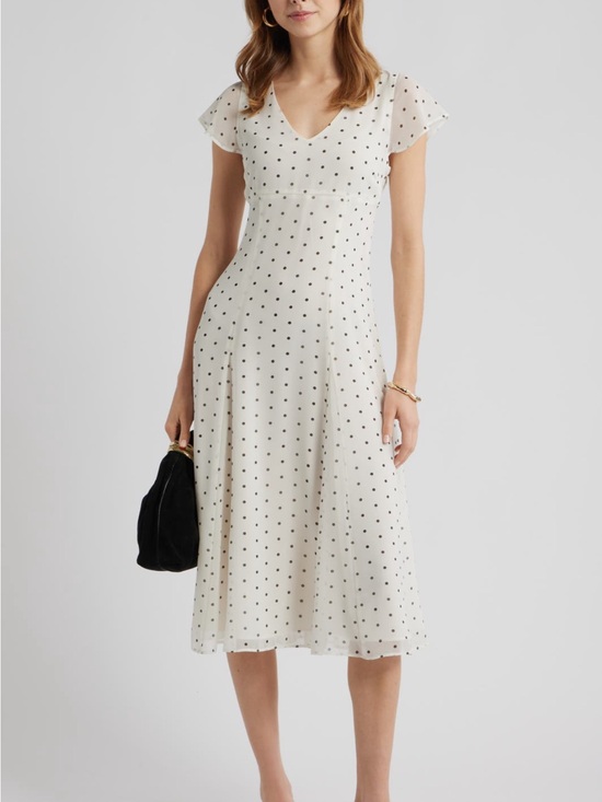 Open Edit Dresses & Skirts - Polka Dot V-Neck Midi Dress in Ivory and Black Godet Pleat